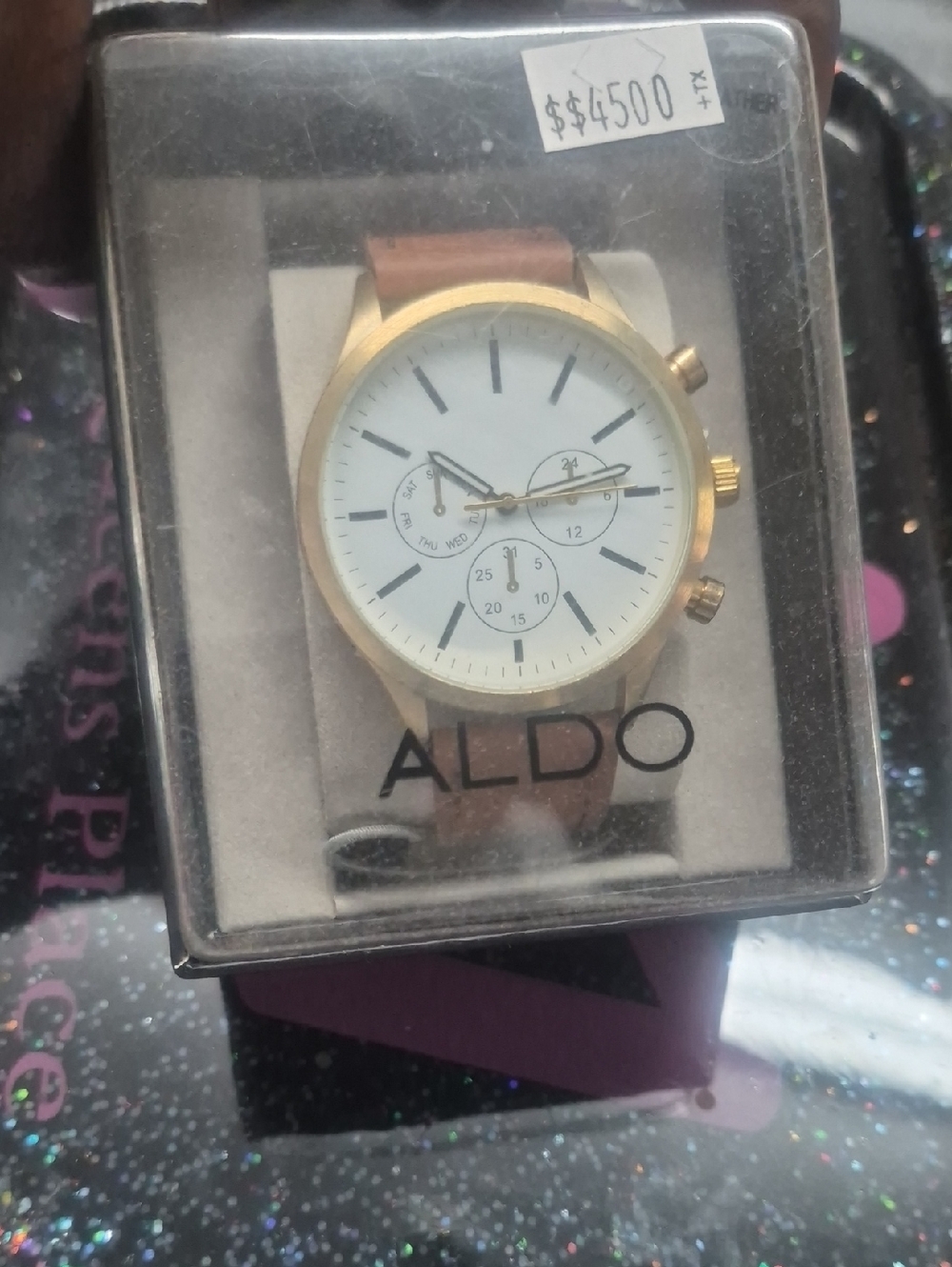 ALDO Gold Case White Dial Brown Strap Watch